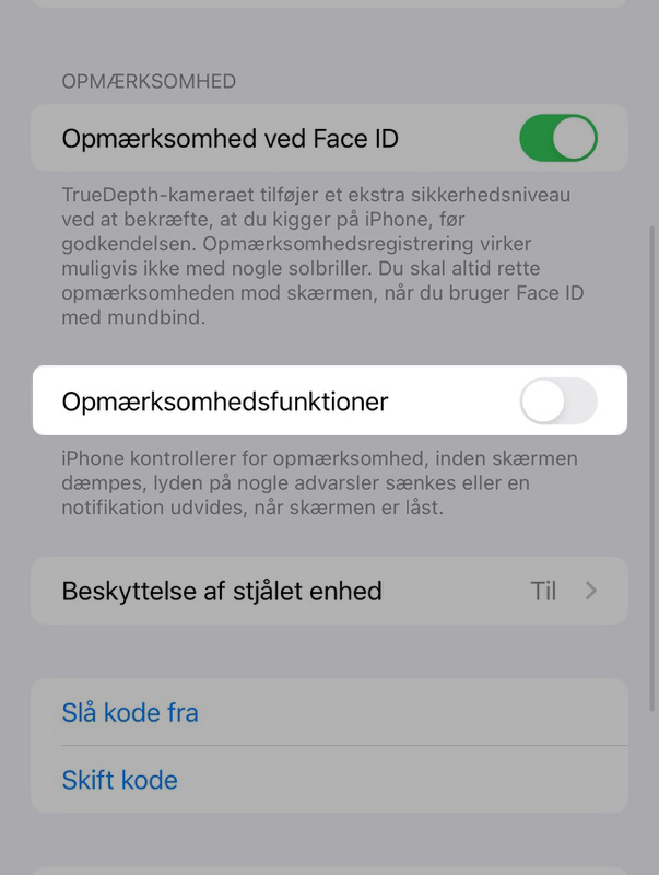 Indstillinger for opmærksomhedsfunktioner på iPhone